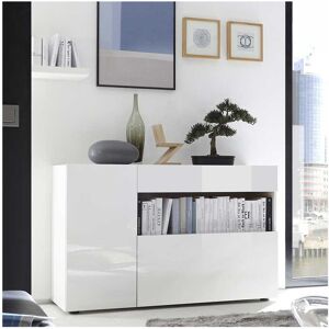 Tousmesmeubles Buffet moderne en bois 2 portes 1 tiroir blanc laqué brillant - TRAPANI