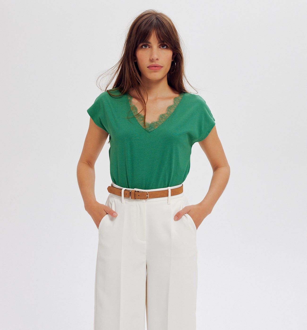 Promod T-shirt détail dentelle Femme - Vert foncé - XS  - Promod -  Vêtements &  MODE Femme