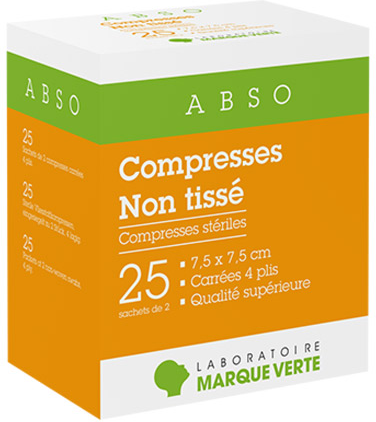 Marque Verte Compresses Stériles en Non Tissé 7,5cm x 7,5cm 25 x 2 compresses