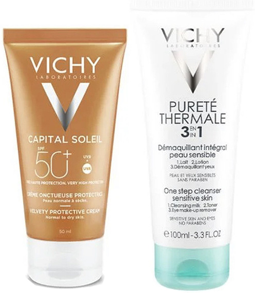 Vichy Capital Soleil Crème Onctueuse Protectrice SPF50+ 50ml + Pureté Thermale Lait Démaquillant Intégral 3 en 1 100ml Offert