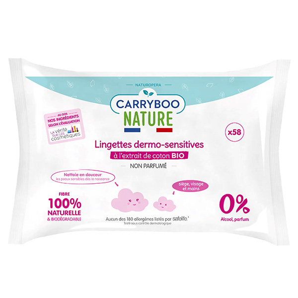 Carryboo Soins Lingette Dermo-Sensitive Coton Bio 58 unités