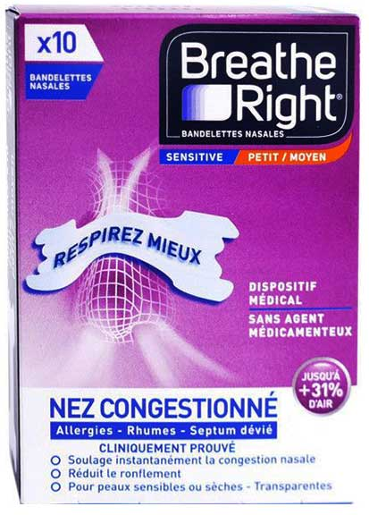 Breathe Right Bandelettes Nasales Sensitive Moyen Nez Congestionné 10 unités