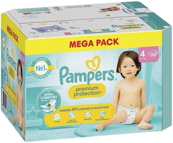 Pampers Premium Protection Taille 4 Couches x96 9kg - 14kg Notre N°1 Pour Le Confort & La Protection