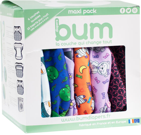 Bumdiapers Maxi Pack Girly 6 Couches Lavables + 12 Inserts Jour/Nuit 0-3 ans