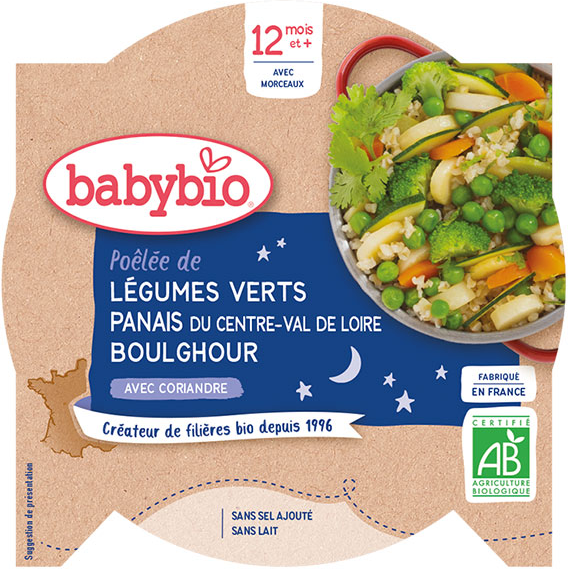 Babybio Repas Soir Assiette Légumes Verts Panais Boulghour +12m Bio 230g