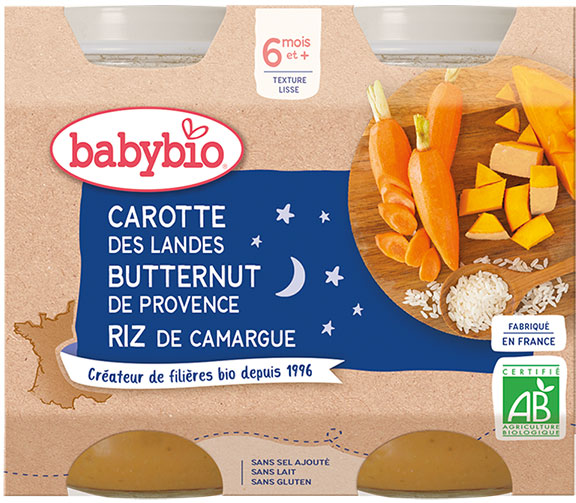 Babybio Repas Soir Pot Carotte Butternut Riz +6m Bio 2 x 200g