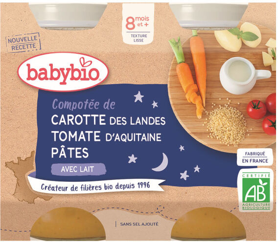 Babybio Bonne Nuit Pot Compotée Carotte Tomate Pâtes +8m Bio 2 x 200g