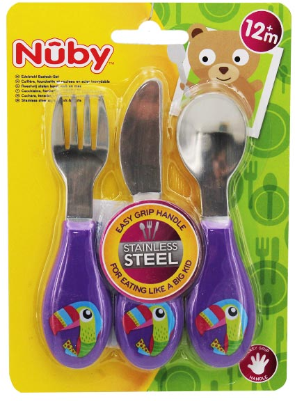 Nuby Couverts 3 Pièces Acier Inoxydable Violet Toucan +12m