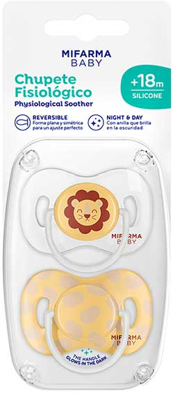 Mifarma Baby Sucette Jour et Nuit Physiologique Silicone +18m Lion Jaune Lot de 2