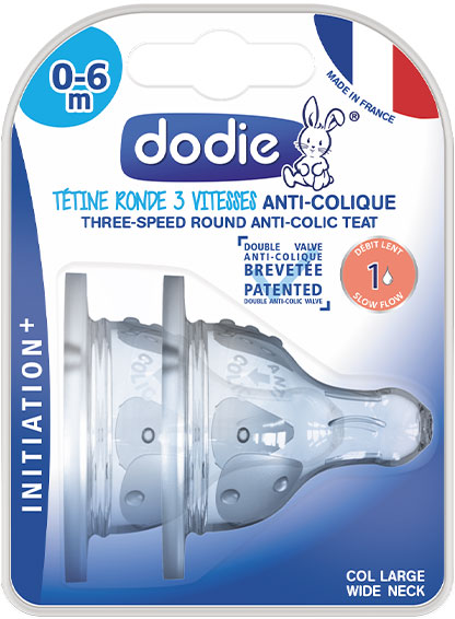 Dodie Biberon Initiation+ Anti-Coliques 3 Vitesses Tétine Ronde Col Large Débit 1 +0m 2 tétines