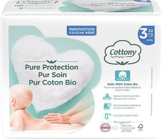 Cottony Couches Bébé 100% Coton T3 4-9kg 32 unités