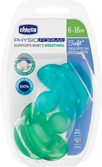 Chicco Sucette Physio Soft Tout Silicone +6m Bleu et Vert