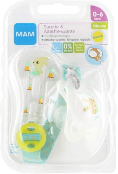 MAM Kit Sucette Silicone 0-6m + Attache Sucette Lapin Carotte