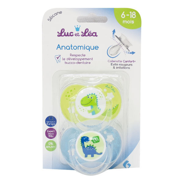 Luc et Léa Sucette Silicone Anatomique Edition Limitée Duo Dino 6-18mois