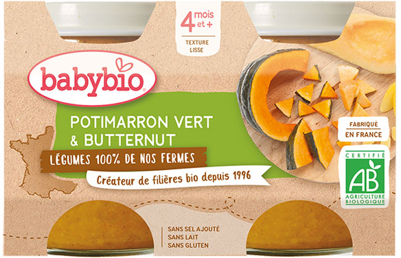 Babybio Légumes Pot Potimarron Vert Butternut +4m Bio 2 x 130g