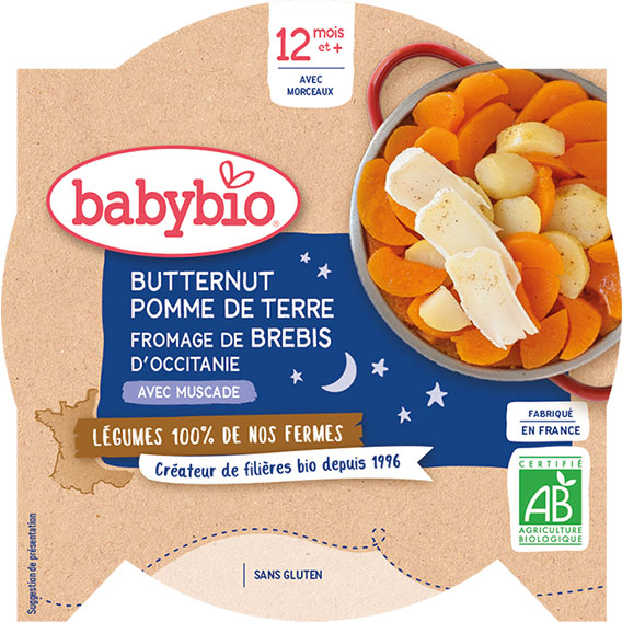 Babybio Repas Soir Assiette Butternut Pomme de Terre Fromage de Brebis +12m Bio 230g