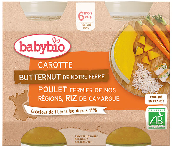 Babybio Petits Pots Midi Carotte Butternut Poulet Riz +6m Bio 2 x 200g