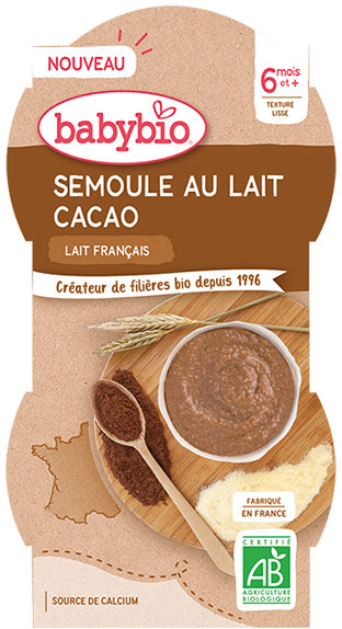 Babybio Desserts Lactés Bol Semoule au Lait Cacao +6m Bio Lot de 2 x 100g