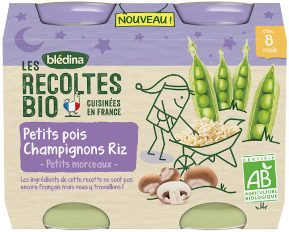 Blédina Les Récoltes Bio Pot Petits Pois Champignons Riz +8m 2 x 200g