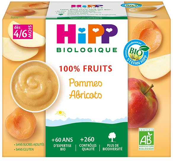 Hipp Bio 100% Fruits Coupelle Pommes Abricots +4m 4 x 100g