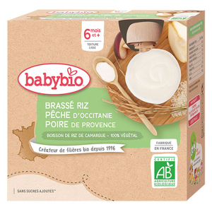Babybio Desserts Végétaux Gourde Brassé Riz Pêche Poire +6m Bio 4 x 85g - Publicité