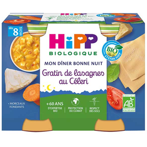 Hipp Bio Mon Dîner Bonne Nuit Bol Gratin de Lasagnes au Céleri +8m Lot de 2 x 190g - Publicité