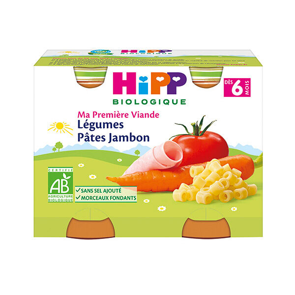 Hipp Bio Ma Première Viande Pot Légumes Pâtes Jambon +6m 2 x 190g
