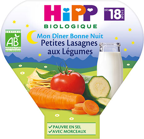 Hipp Bio Mon Dîner Bonne Nuit Assiette Petites Lasagnes aux Légumes +18m 260g