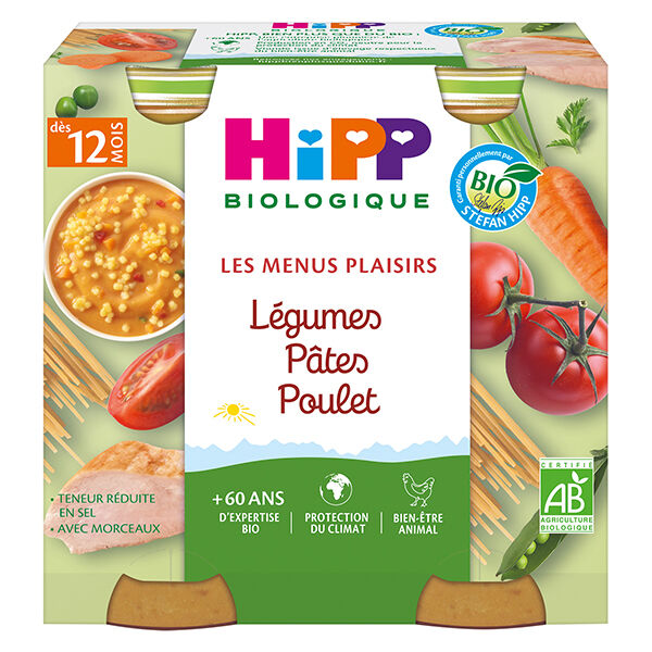 Hipp Bio Les Menus Plaisirs Pot Légumes Pâtes Poulet +12m 2 x 250g