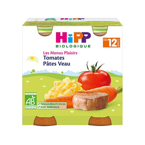 Hipp Bio Les Menus Plaisirs Pot Tomates Pâtes Veau +12m 2 x 250g