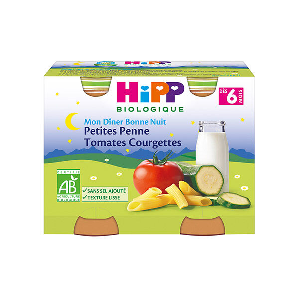 Hipp Bio Mon Dîner Bonne Nuit Bol Petites Penne Tomates Courgettes +6m 2 x 190g