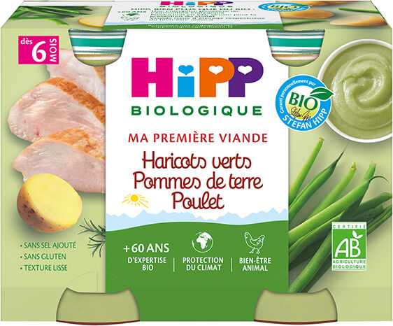 Hipp Bio Ma Première Viande Pot Haricots Verts Pommes de Terre Poulet +6m 2 x 190g