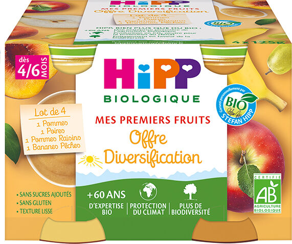 Hipp Bio Mes Premiers Fruits Pot Diversification Pommes Poires Bananes Pêches Pommes Raisins +4m 4 x 125g