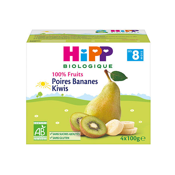Hipp Bio 100% Fruits Coupelle Poires Bananes Kiwis +8m 4 x 100g