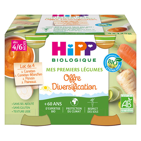 Hipp Bio Mes Premiers Légumes Pot Carottes Carottes Blanches Panais Poireaux +4m 4 x 125g