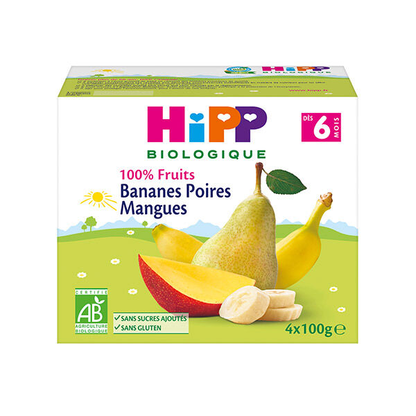 Hipp Bio 100% Fruits Coupelle Bananes Poires Mangues +6m 4 x 100g