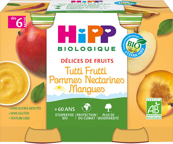 Hipp Bio Délices de Fruits Pot Tutti Frutti Pommes Nectarines Mangues +6m 2 x 190g