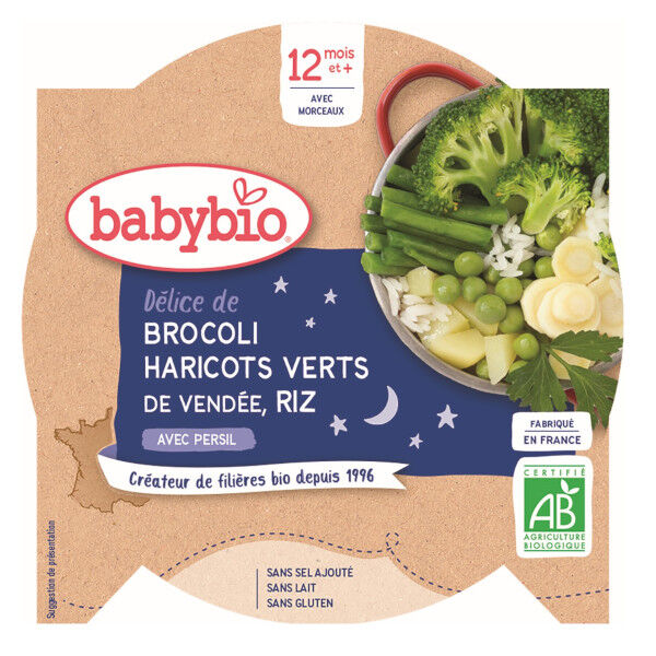 Babybio Bonne Nuit Assiette Brocoli Haricots Verts Riz +12m Bio 230g