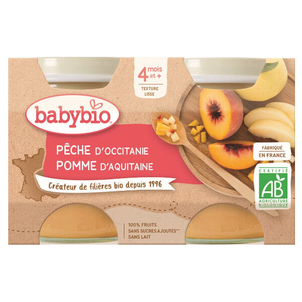 Babybio Mes Fruits Pot Pêche Pomme +4m Bio 2 x 130g