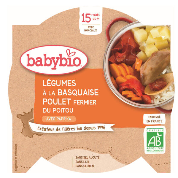 Babybio Menu du Jour Assiette Légumes à la Basquaise Poulet Riz +15m Bio 260g