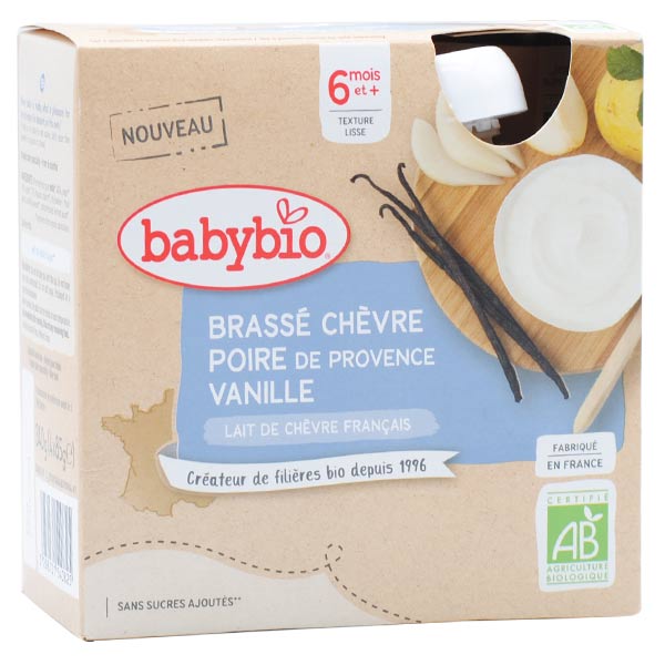 Babybio Mes Brassés Gourde Lactée Lait de Chèvre Poire Vanille +6m Bio 4 x 85g