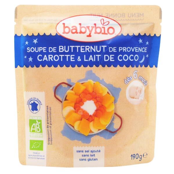 Babybio Bonne Nuit Sachet Soupe Butternut Carotte Lait de Coco +6m Bio 190g
