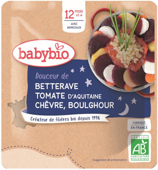 Babybio Bonne Nuit Sachet Betterave Tomate Chèvre Boulghour +12m Bio 190g