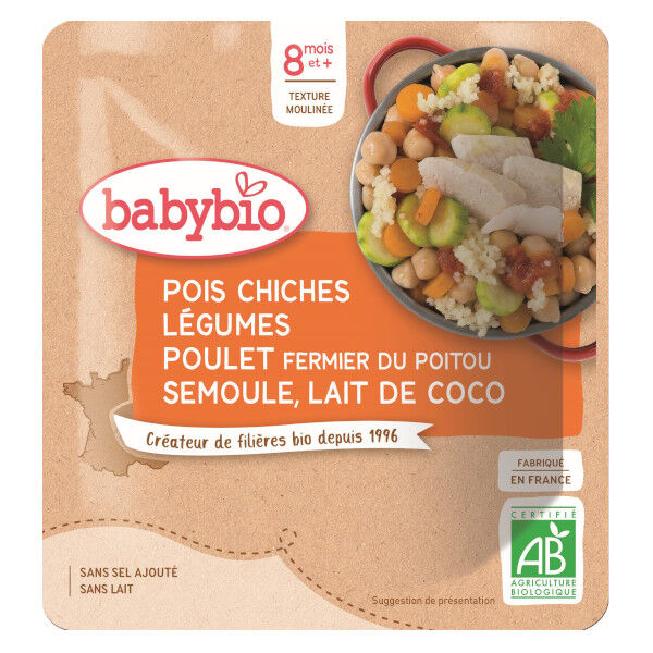Babybio Menu du Jour Sachet Pois Chiches Légumes Poulet Fermier Semoule et Lait de Coco +8m Bio 190g