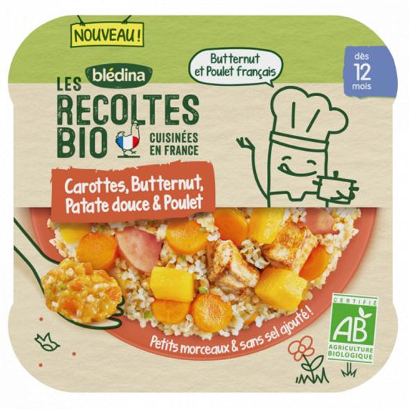 Blédina Les Récoltes Bio Dés 12m Bol Carottes Butternut Patate Douce Poulet 230g