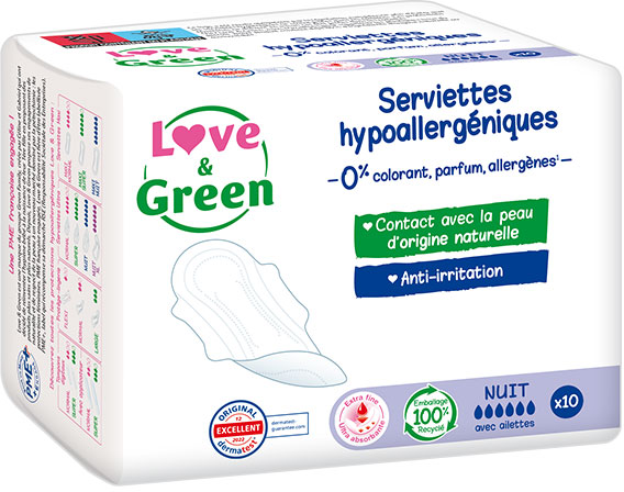 Love & Green Serviettes Nuit Hypoallergéniques 0% x10