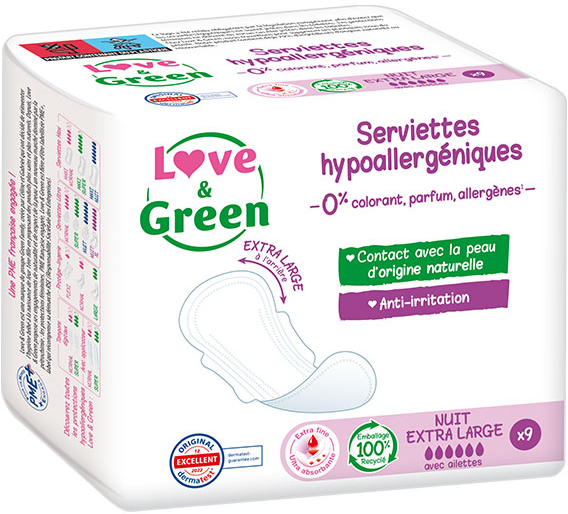 Love & Green Hygiène Féminine Serviette Hypoallergénique Nuit Extra Large 9 unités