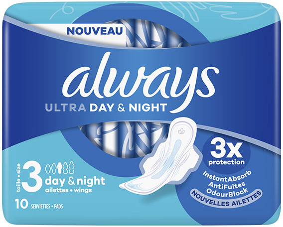 Always Serviettes Ultra Jour & Nuit avec Ailettes 10 unités