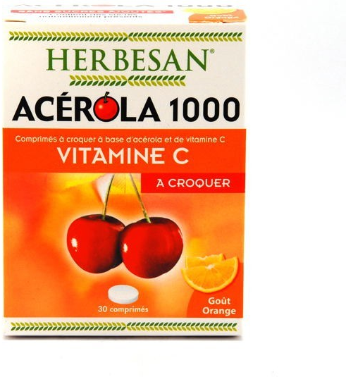 Herbesan Acérola 1000 Vitamine C à croquer goût Orange 30 comprimés