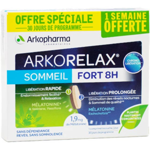 Arkopharma Arkorelax Sommeil Fort 8H Melatonine, Valeriane 20 comprimes + 10 Offerts